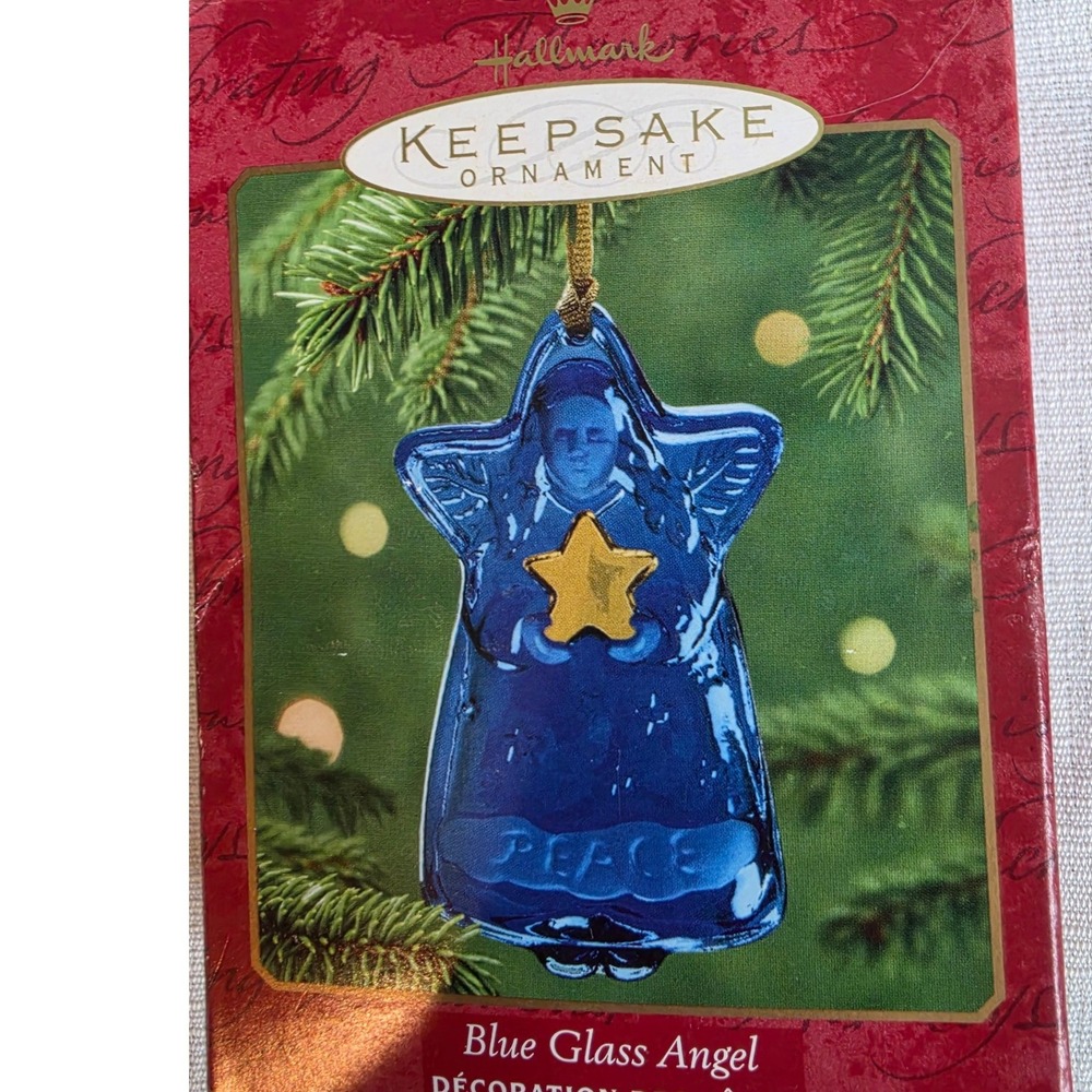 Hallmark Keepsake Blue Glass Angel Ornament Sue Tague Peace Gold Star Cobalt
